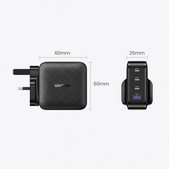 Бързо зарядно устройство Ugreen PPS 65W USB, 3x USB Type C, QC 3.0 Power Delivery (UK щепсел), черно
