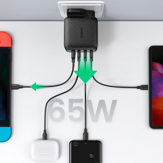 Бързо зарядно устройство Ugreen PPS 65W USB, 3x USB Type C, QC 3.0 Power Delivery (UK щепсел), черно