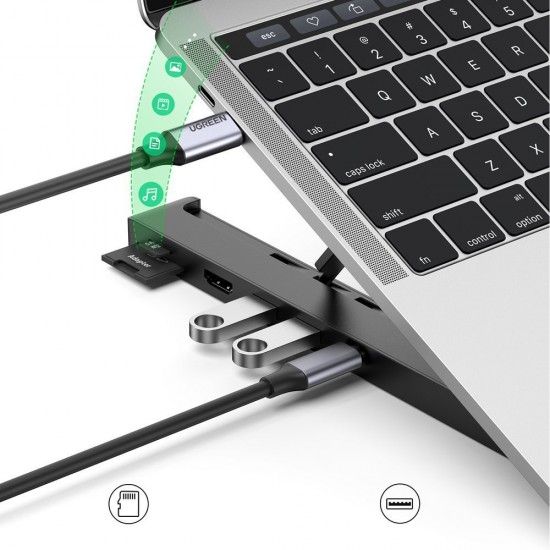 Ugreen, X-Kit сгъваема стойка за лаптоп HUB USB, черна, 80551