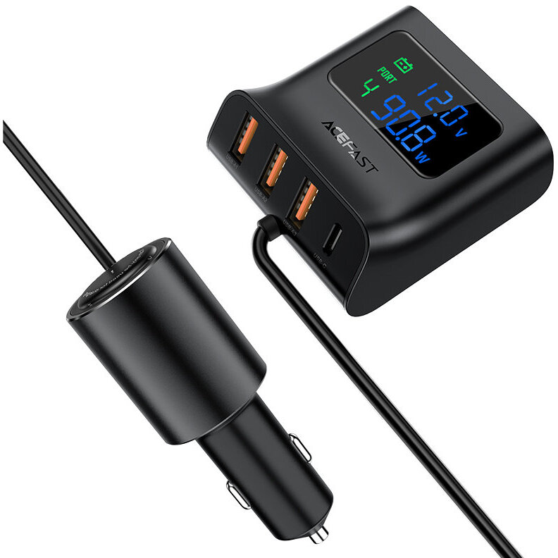 Acefast 90W universal phone car charger with cigarette lighter connector and charging meter.